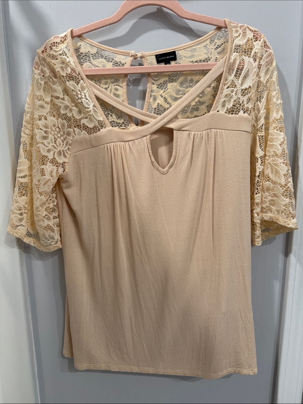 Buckle Cream Lace Sleeve Crisscross Keyhole Blouse